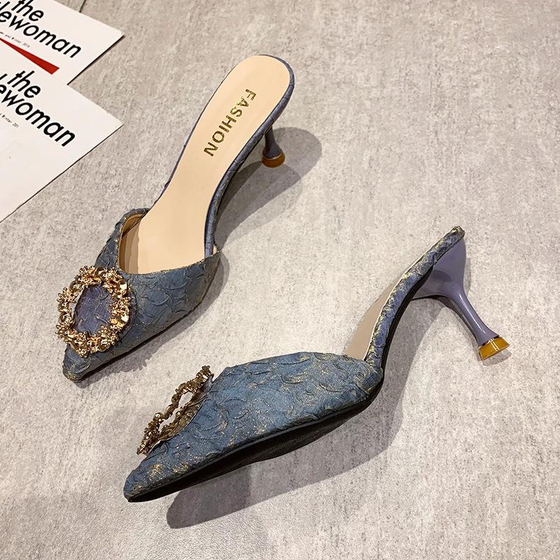 Slippers Women's Summer Wear Half Slippers Women's New Rhinestone High Heels Stiletto Bag Head Sandals Black