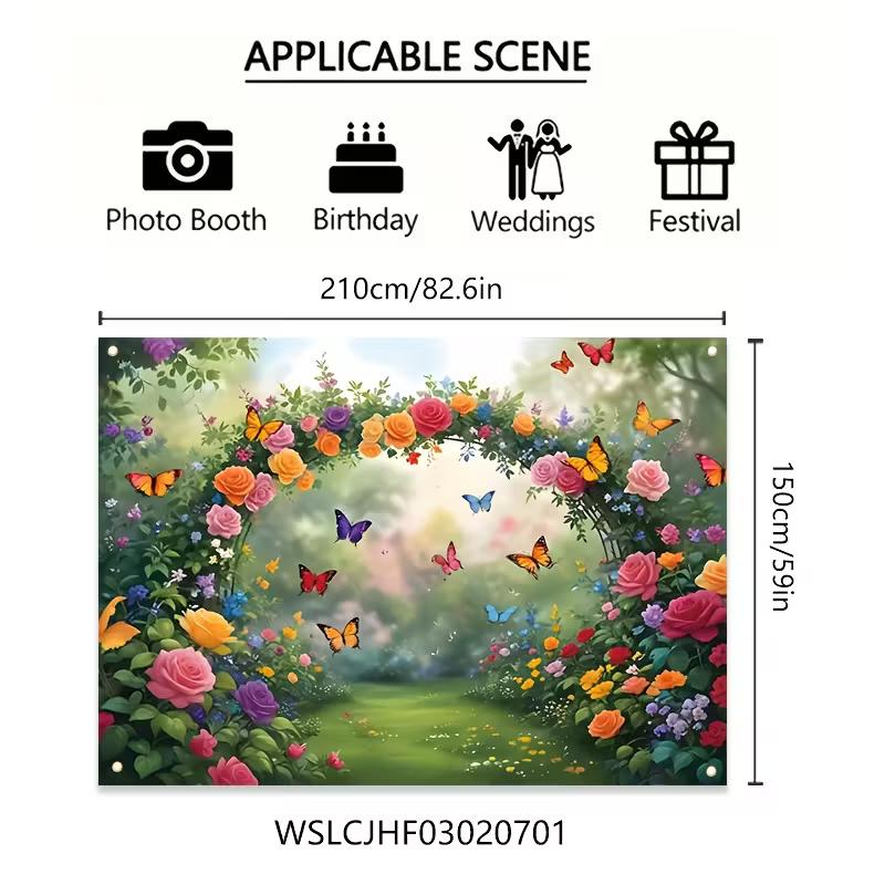 2D Fairy Tale Floral Arch Background, Enchanted Garden with Butterflies Themed Backdrop
