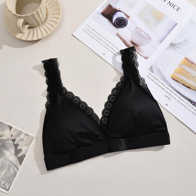 FINETOO 1Pcs Silk Lace Wireless French Triangle Cup Bralette Underwear Set Knitted Velvet Romantc Summer Thin Style Home Clothes