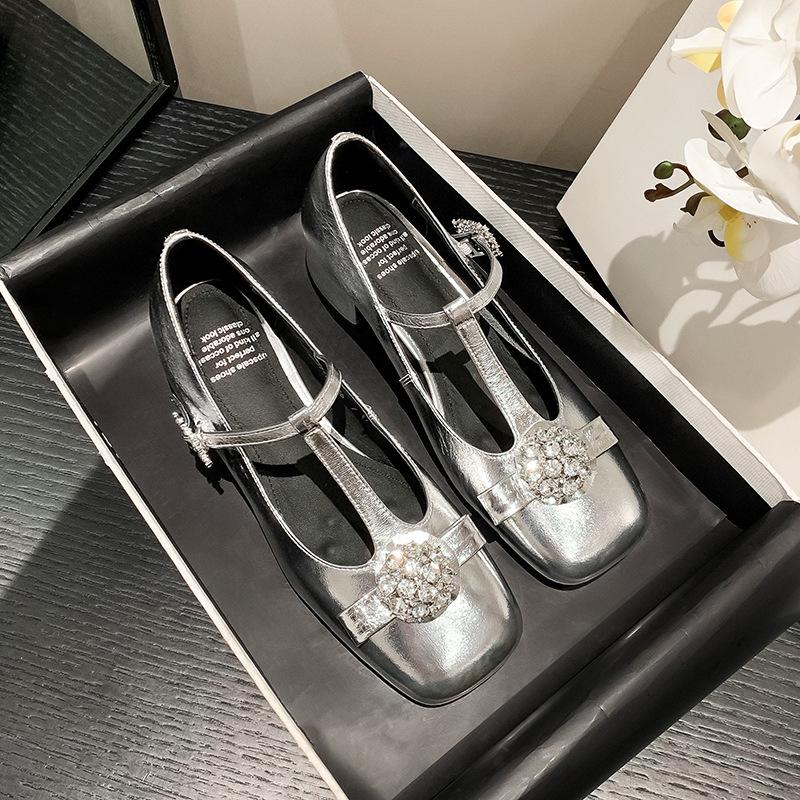 Spring 2025 new Mary Jane shoes fairy rhinestone bow French leather T-shaped shoes with thick heels