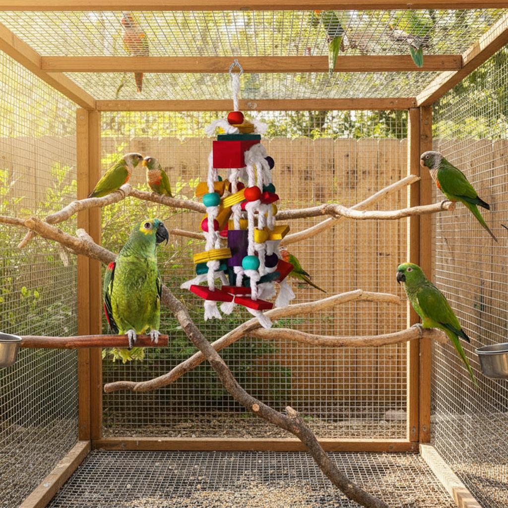 Juguete masticable para loro con cuerda de algodón y cuentas de colores Bloques de madera Combinación Juguete interactivo de rompecabezas para pájaros para pájaros medianos y grandes