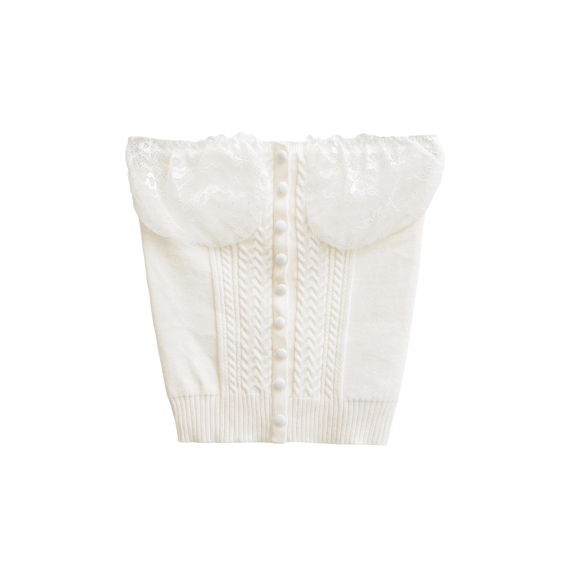 Elegant Lace Patchwork Backless Knit Crop Top M белый
