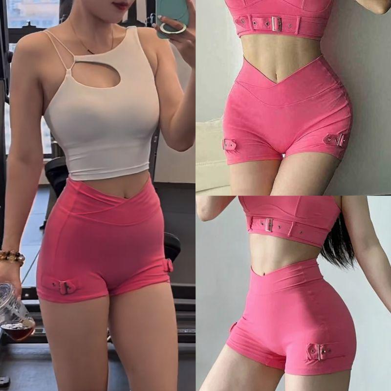 

European and American Style Dopamine Fitness Bra for Women, Pilates Shockproof Sports Underwear, Stunning Yoga Outfit Set for Spring L Rose Red Shorts