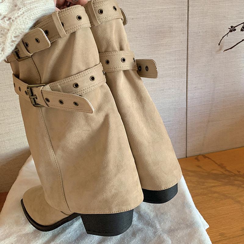 Autumn and Winter New Danish Trouser Boots~ Pointed Buckle 6cm Thick Heel Desert Cowboy Stack Short Boots Women's Western Boots