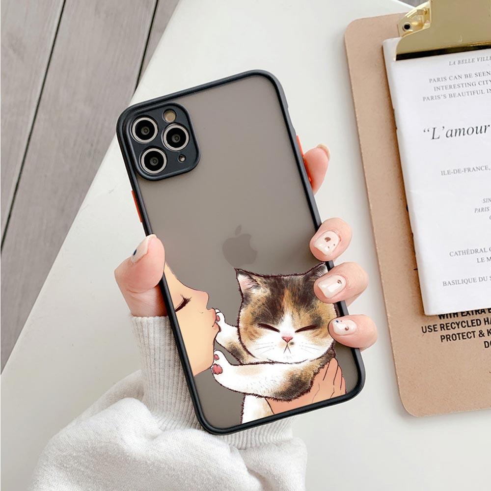 Cute Shockproof Translucent Matte Phone Case For Iphone 11 12 13 Pro Max Mini 7 Plus XR X S Cover Lovely Cat Kiss Refuse To Kiss