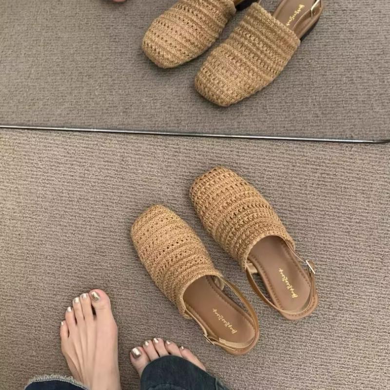 Fashion 2025 Summer New Block Heel Shallow Mouth Straw Bao Tou Back Empty Sandals Women's Shoes One Strap Low Heel Shoes