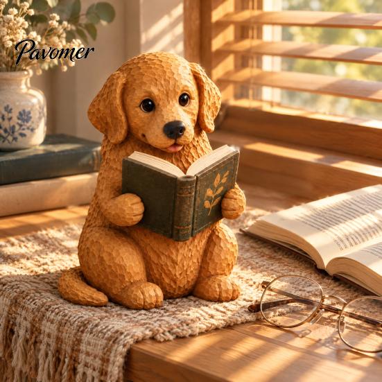 Reading Dog Decor Figurine, Cute Book Loving Puppy Sculpture for Bookshelf Nook Desk, Gift and Lovers Statue