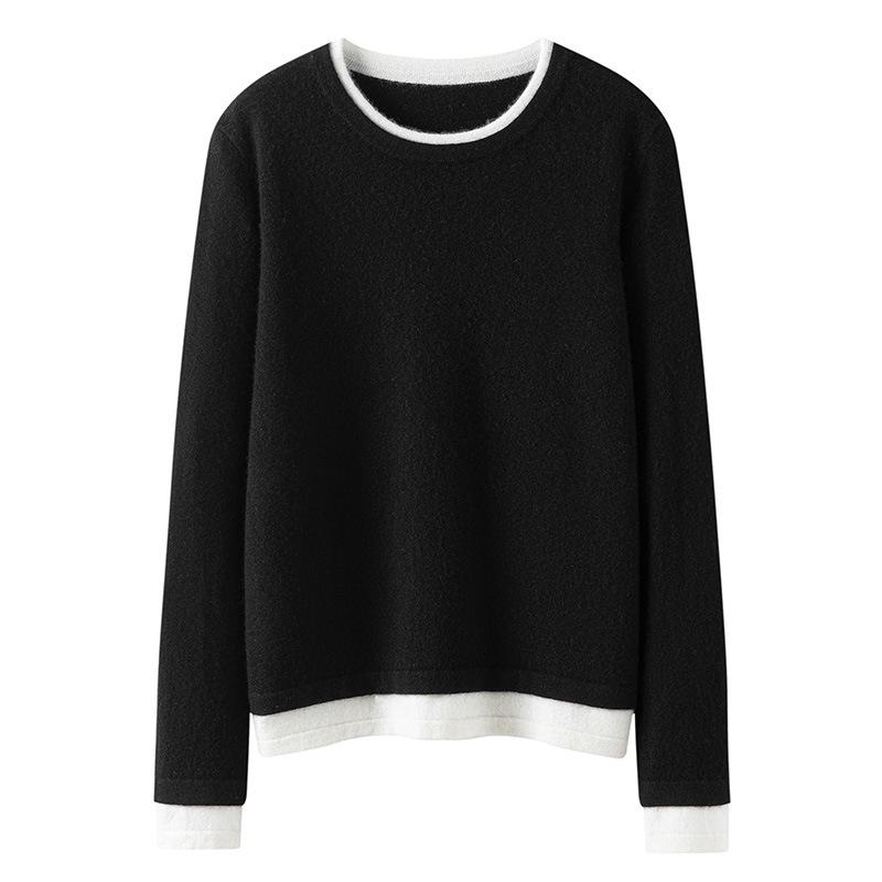 Women's Autumn Winter Patchwork Cashmere Round Neck Loose Pullover Knitwear