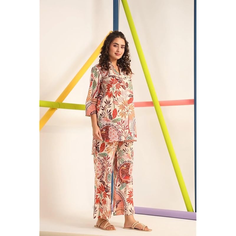 

Leriya Fashion Women Ethnic Kurta Set | Rayon Co-Ord Set | Fancy Pajama Set | Pack Of 2 | Floral Printed Top & Pant Set S