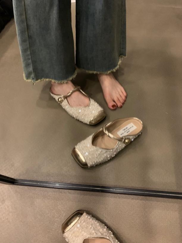 

Женские туфли-полусапожки с закрытым носком, женская летняя обувь с черными пайетками, сказочные вечерние туфли, сандалии на плоской подошве в стиле маленькой французской классики 40