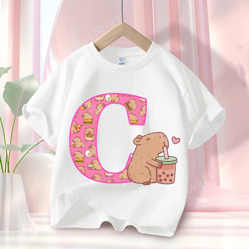Capybara Cute T-Shirt Children's Anime Capybara Letter Short-Sleeve T-Shirt Girls' Summer Top