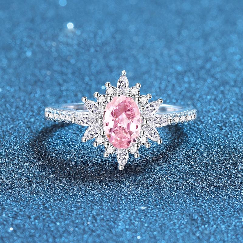 S925 Sterling Silver Egg-Shaped Pink Ring with Marquise-Cut Cubic Zirconia for Women Size 8