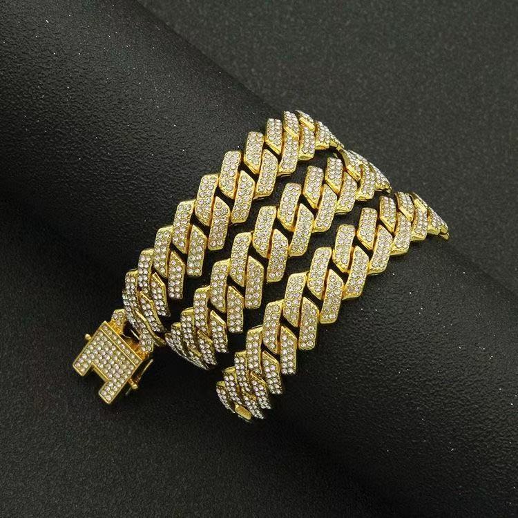 Mens Cuban Bracelet Necklace Full Diamond-Rhombus Design -Golden and silver colors Luxurious Sparkling Jewelry for Him