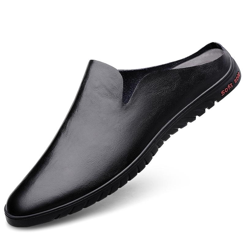 Men's Shoes 2025 Summer New Fashion Leather Surface Without Heel Half Slippers Men's Easy To Wear Lazy Shoes