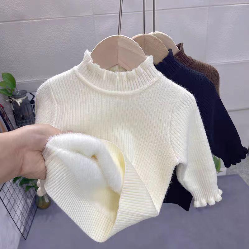 Suéter de capa base cálido y engrosado de punto para niños, con cuello alto y ribete de volantes, forrado de forro polar para invierno