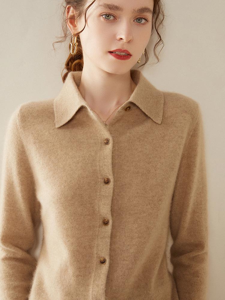 Women's Long Sleeve Cashmere Polo Neck Sweater with Lapel - Korean Style Cardigan Outerwear