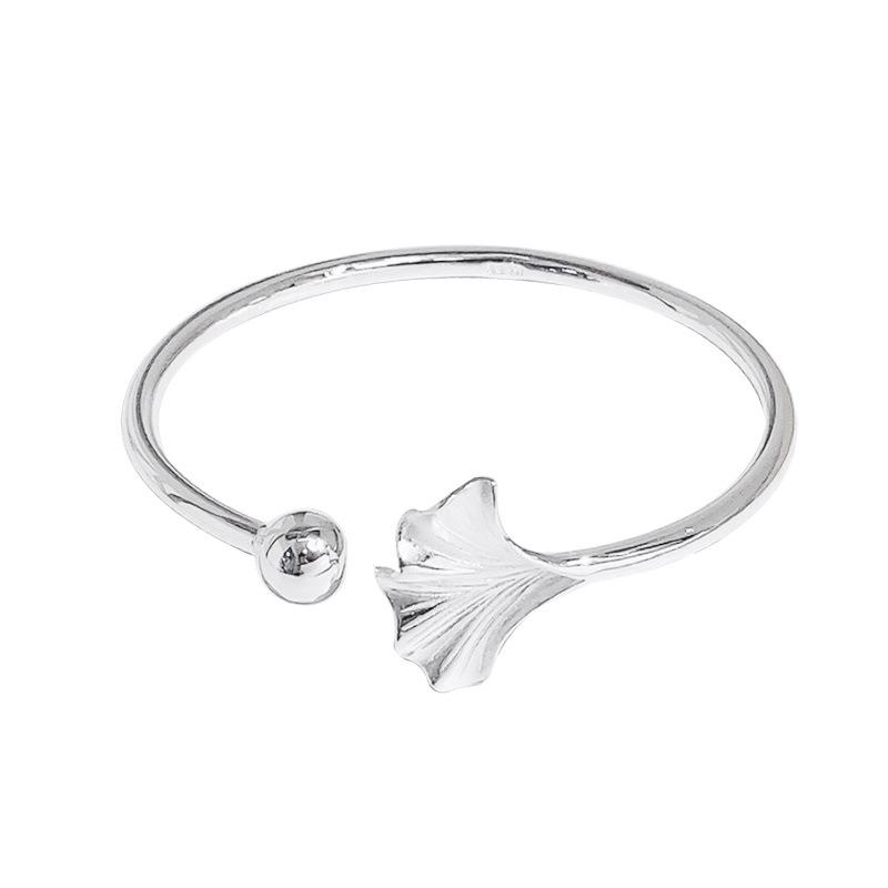 999 Sterling Silver Three Lives One Fate Open Bracelet, Ancient Style, Apricot Leaf Design, Artistic and Simple Women's Gift