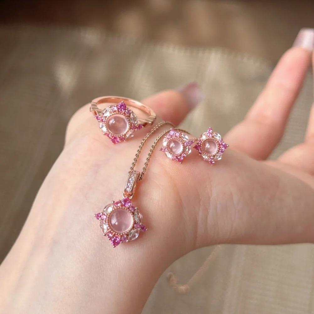 

Women Vintage Jewelry Set Pink Crystal Necklace Earrings Ring French Retro Style Pink Diamond Pendant