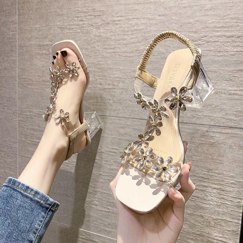 Rhinester Sandals Women's Shoes Summer Net Red Crystal Thick Heel Transparent Fairy Style High Heels Sandals