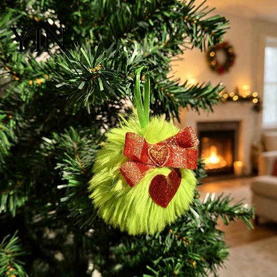 Glitter Bow Holiday Decorations Faux Fur Pom Poms Christmas Ornaments, 2.3 Inch Soft Fluffy Green Ball Hanging Cute Seasonal Decorative Accents