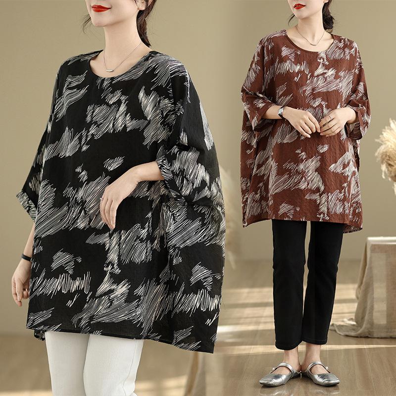 Summer New Artistic Plus Size Loose Print Round Neck Three Quarter Sleeve T-shirt