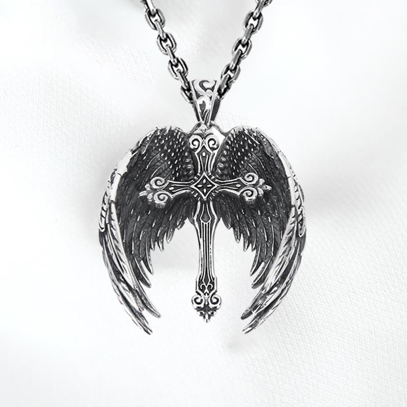 

Vintage Angel Wings Cross Necklace For Women Men Trend Punk Feather Guard Pendant Sweater Chain Pendant&60cm