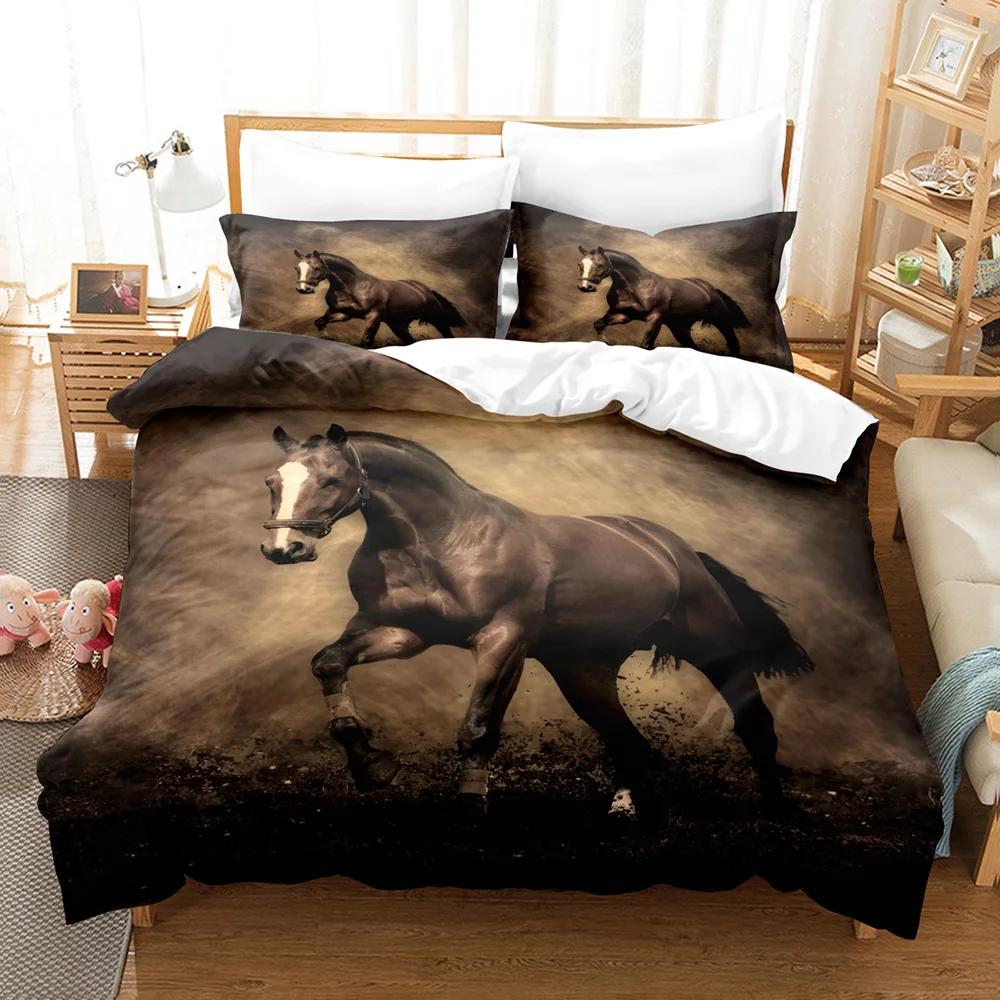 Horse Duvet Cover Set White and Brown Horse Print Bedding Set Wild Animal Pattern Farmhouse Cowboys Queen Polyester Quilt Cover