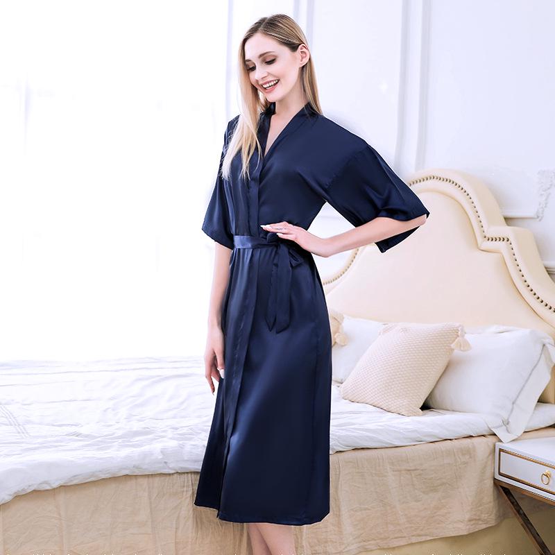 Women's Long Silk-Like Bathrobe - Solid Color Kimono Cardigan for Brides or Lounging