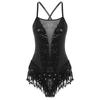 Womens Latin Dance Costume Sparkling Sequins Fringed Leotard with Elegant Cross Back Bodysuit Design