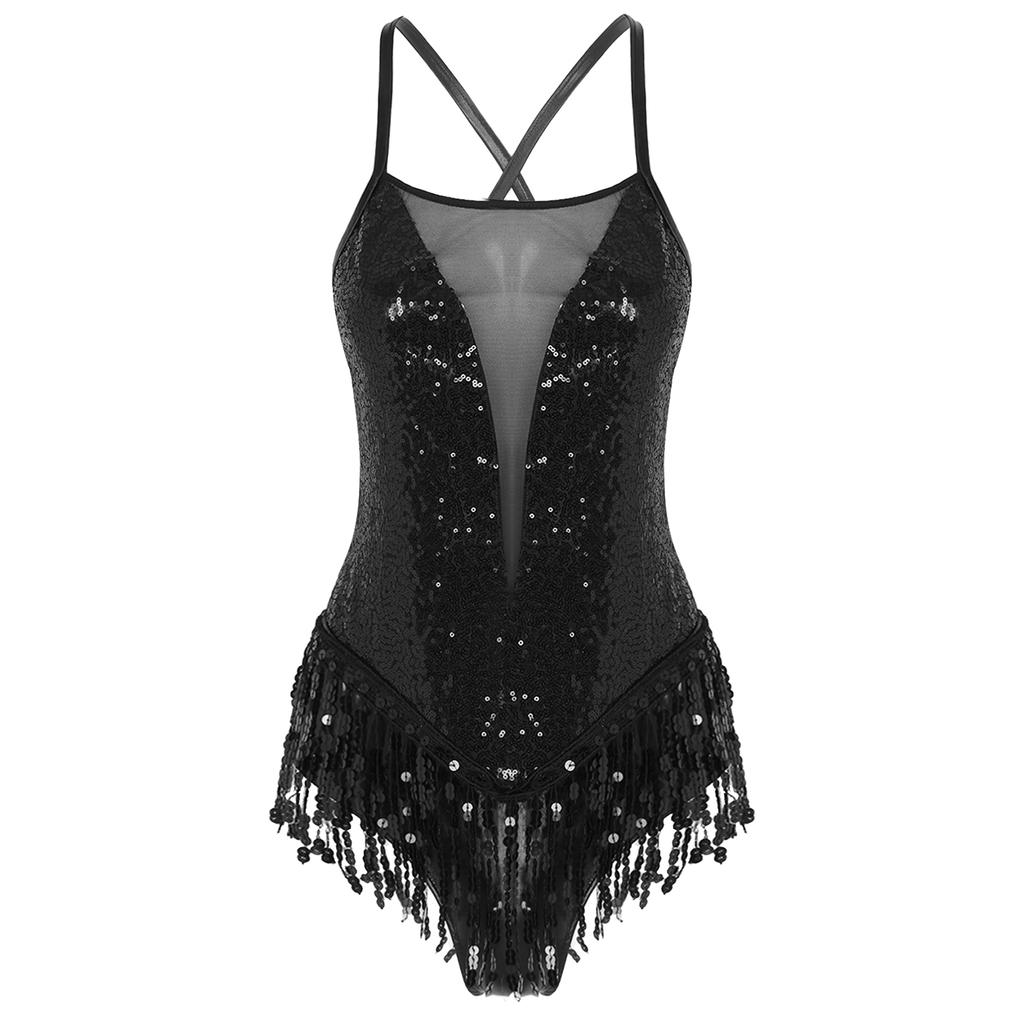 Womens Latin Dance Costume Sparkling Sequins Fringed Leotard with Elegant Cross Back Bodysuit Design