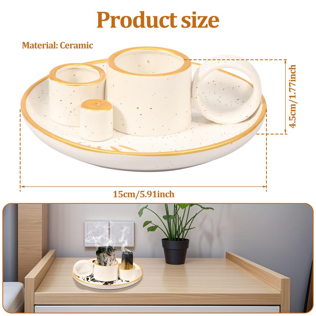 Incense and Candle Holder for Burning Sage, Palo Santo, Incense Sticks Ceramic Ash Catcher Tray for Meditation Room Ramadan Home