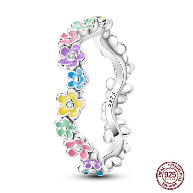 Shine Women koppar Fingerringar 925 Sterling Hjärta Krona Glöd Eldfluga Stjärna Sol Tusensköna Stapelbar Originalring Årsdag Zirkon