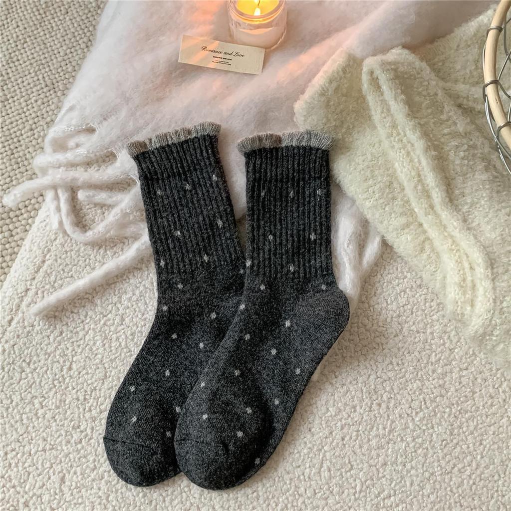 Women's Mid-Calf Polka Dot Warm Wool Socks - Gray, Thick, and Versatile for Winter