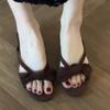 Sheepskin version~ Korean suede bow, small slope heel, open-toed slippers, summer cool slippers for women