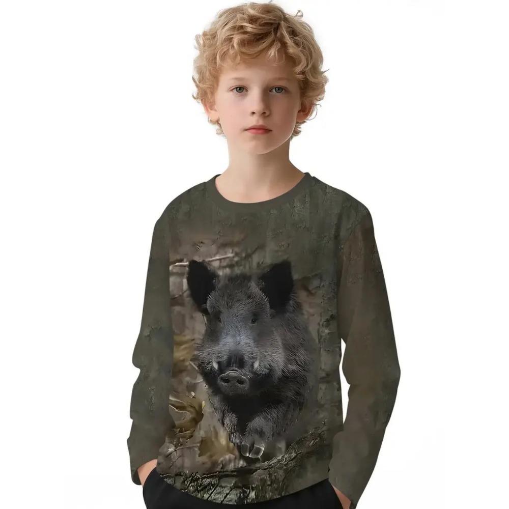 Spring and Autumn Round Neck 3D Animal Printed Top Fashionable Casual Long Sleeved Children's Boy T-shirts