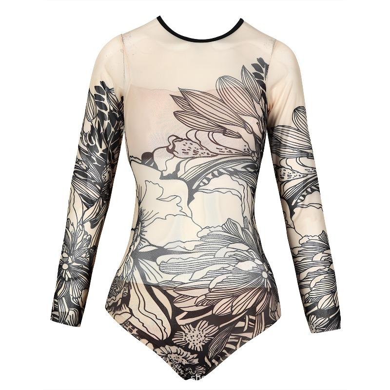 New One-piece Swimsuit Women's Long-sleeved Tight-fitting High-elastic and Thin Sexy Gauze Skirt European and American Spot Women's Swimwear