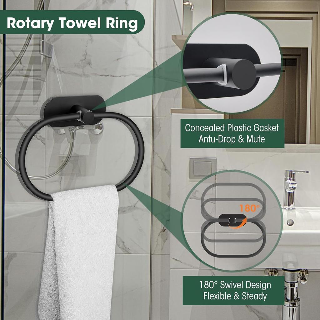 4-Pieces Bathroom Hardware Set, Adhesive Matte Black Bathroom Accessories Including 16in Bath Towel Bar, Toilet Paper Holder, Towel Ring, Hooks,