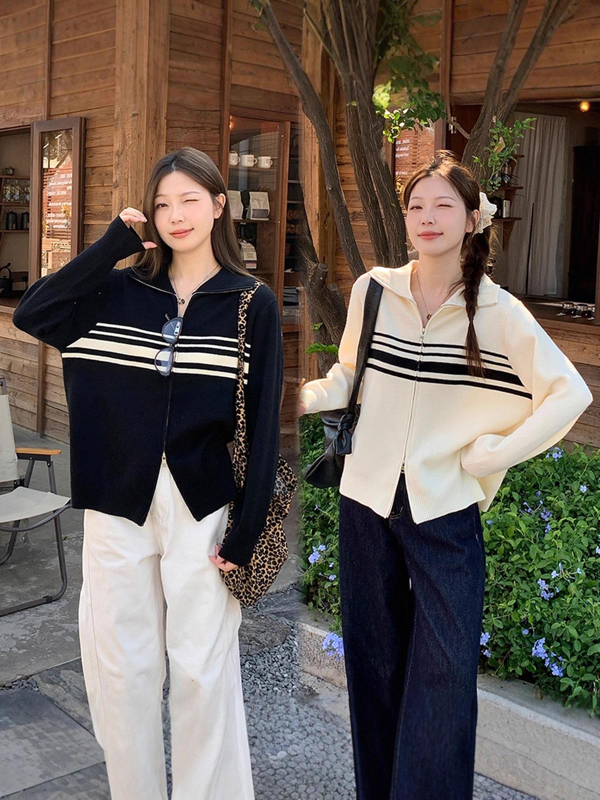 2025 Autumn/Winter Plus Size Women s Double Zipper Striped Knit Cardigan Sweater Coat L