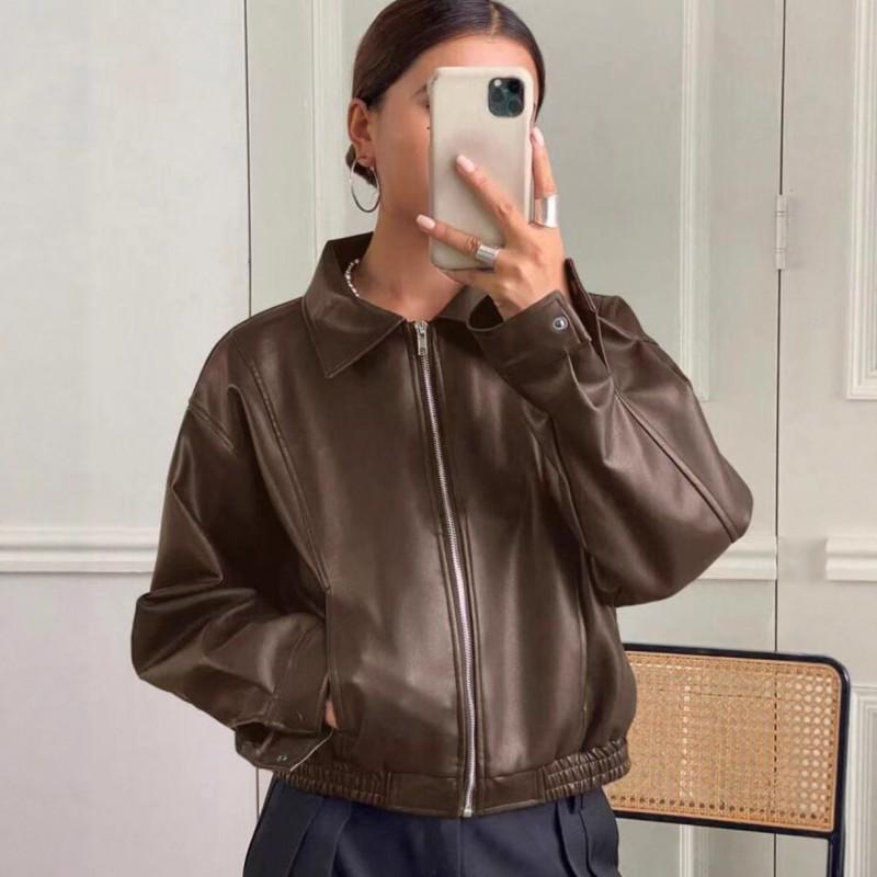 Womens Vintage Brown Leather Jacket Fall Winter Short Cool Biker Coat Petite Women