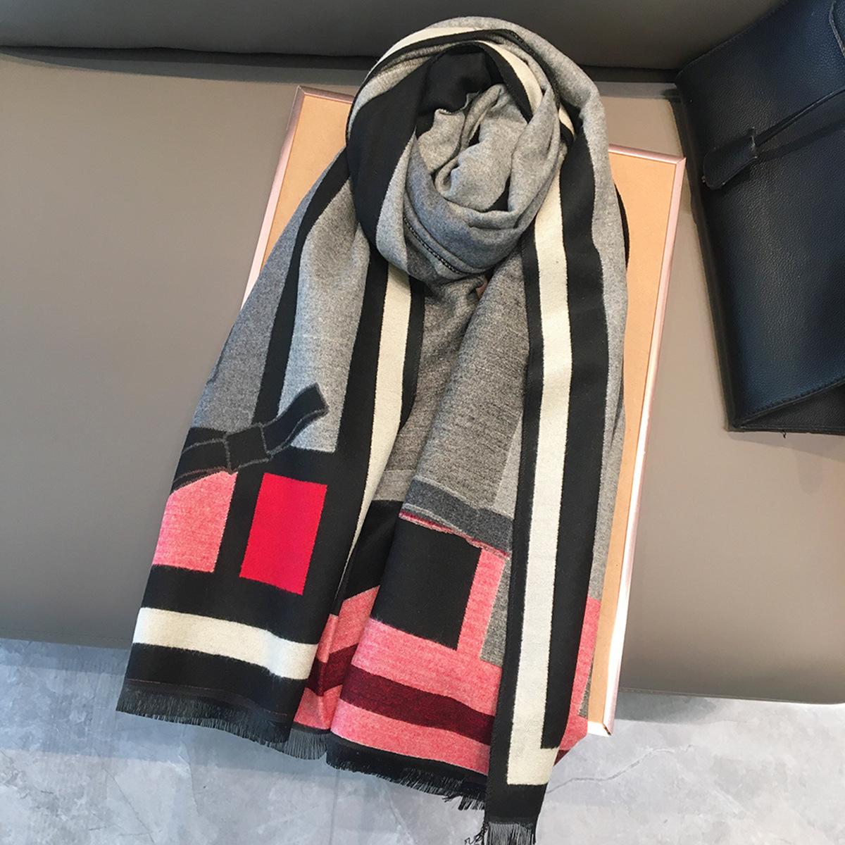 

Корейская жаккардовая шаль с бантом: Классический шарф из искусственного кашемира с цветными блоками для женщин 190*68cm