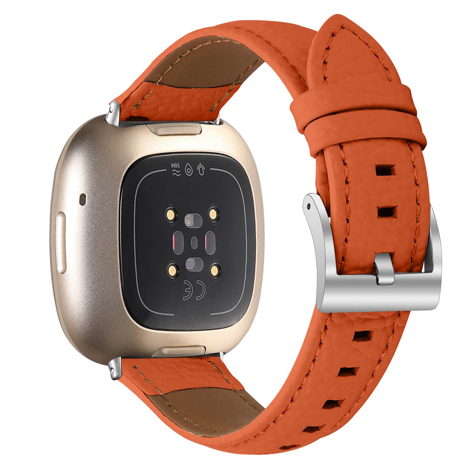 Litchi Textured Genuine Leather Strap for Fitbit Versa 4/Sense 2 Pointed-End Watch Band with Silver Buckle