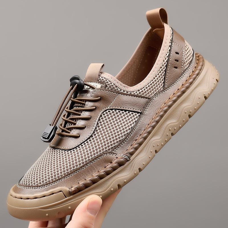 2025 summer breathable casual shoes men's mesh leather hollow hole shoes daily versatile hand-sewn sandals