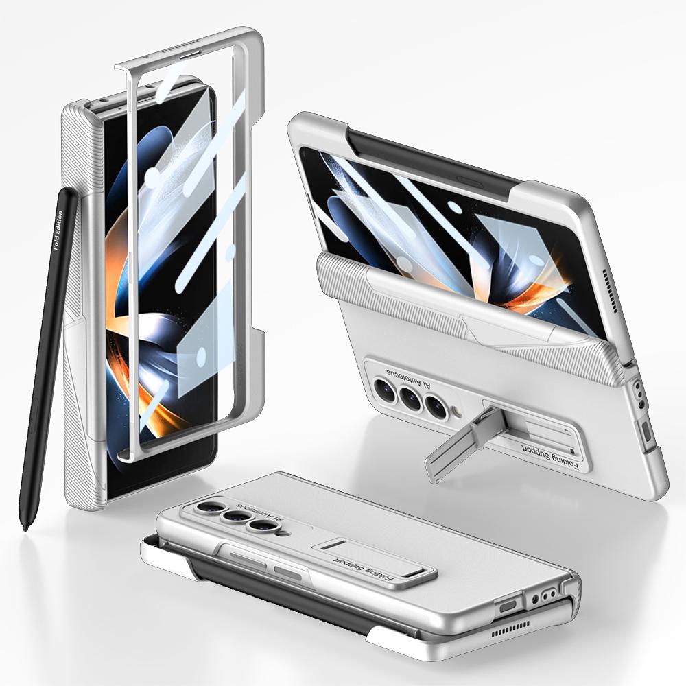 For Samsung Galaxy Z Fold 4 Case Ultra Thin Matte Magnetic Folding Hinge Kickstand With Side Pen Slot Tempered Film Hard Cover
