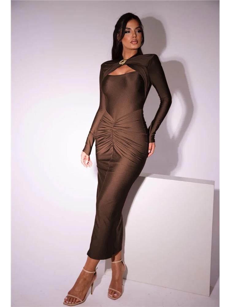 Hollow Out Long Sleeve Sexy Maxi Dress For Women Gown Autumn Winter New Metal Buckle Ruched Slit Long Dress Elegant
