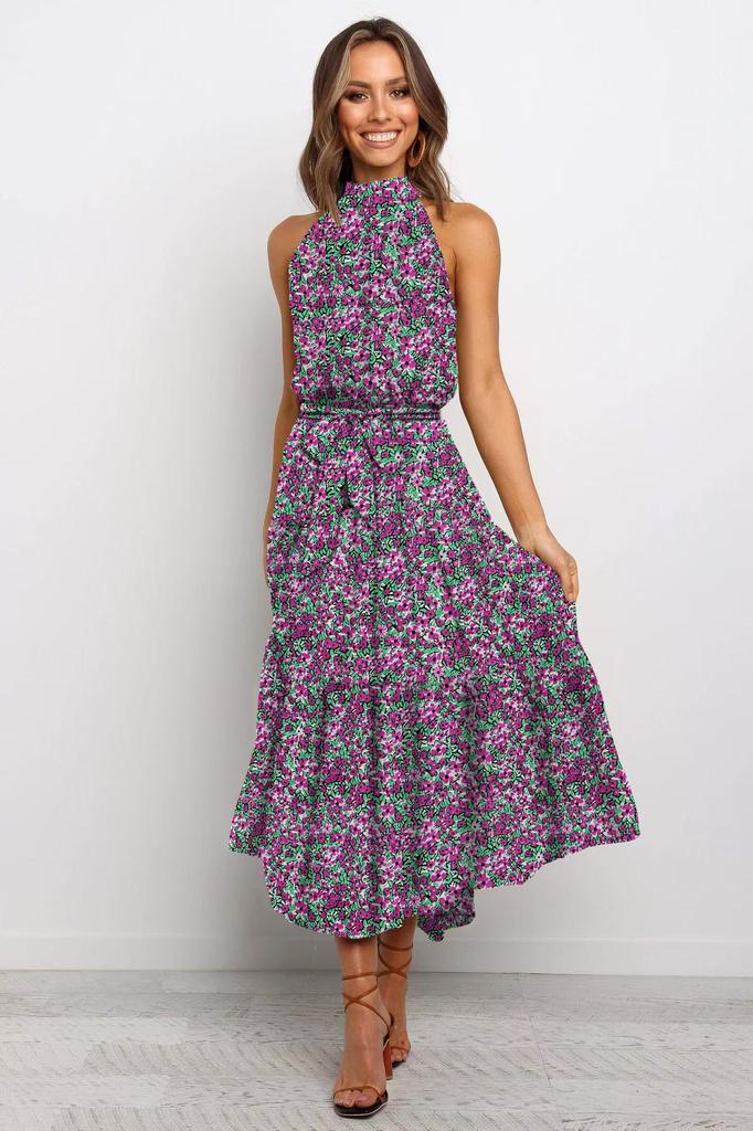 Women's long dress popular new neck polka dot printing lace-up dress