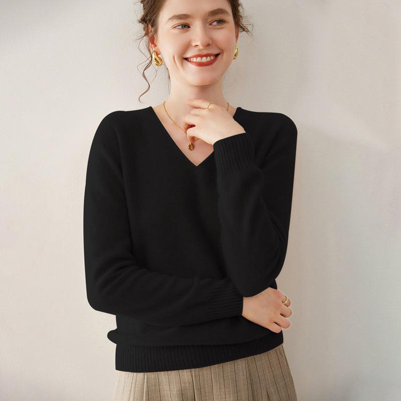 Women's V-Neck Solid Color Cashmere Sweater - Loose Fit, Soft Knit Pullover for Autumn/Winter