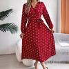 Spring Summer Women Long Sleeve Dot Pleated High Waist A Line Long Dress