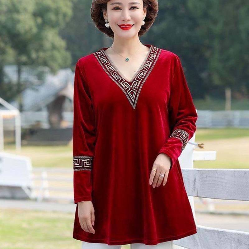 Women's Plus Size Blouse Loose V-Neck Velvet Blouse Spring Autumn Long Sleeve Velvet Pullover Top