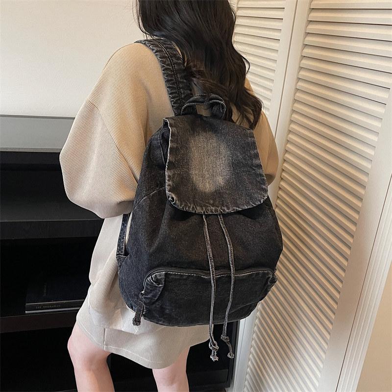 Schoolbag Japanese Casual Art Backpack Women's Large Capacity Denim Canvas Travel Backpack Student Drawstring Bag Cover School Bag