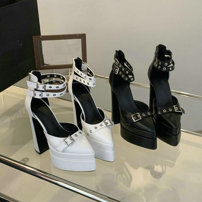 Mode Spitz Zehen Klobige Sandalen 2025 Frühling und Sommer Neu 14cm Schwarze Hohe Absätze Wasserdichte Plateau Damen Schuhe Show Einzelne Schuhe